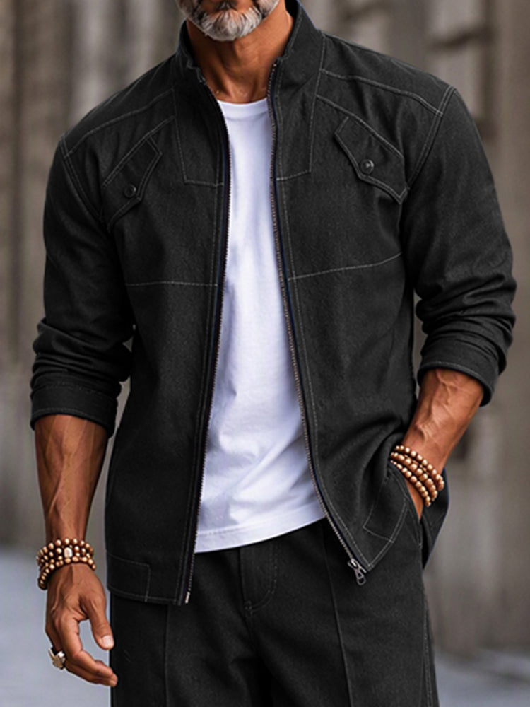 Vintage-Inspired Faux Denim Jacket Pants Set - Black