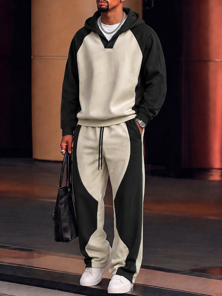 Unique Color Block Hoodie Pants Set - Black