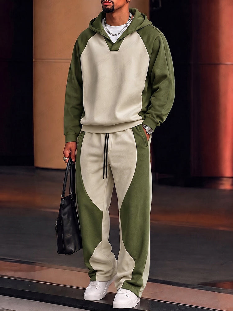 Unique Color Block Hoodie Pants Set - Green