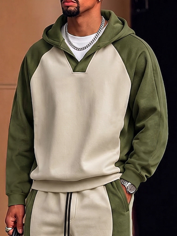 Unique Color Block Hoodie Pants Set - Green