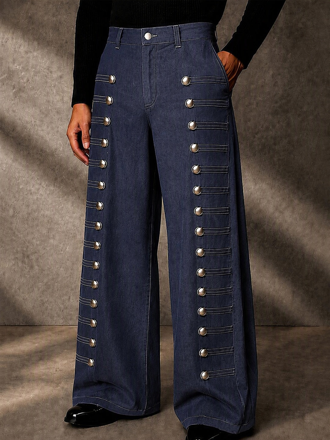 Stylish Multi-Button Accent Faux Denim Pants - Dark Blue