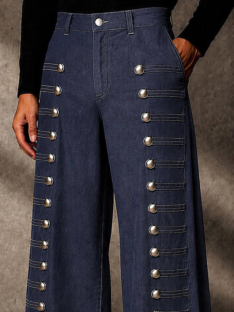 Stylish Multi-Button Accent Faux Denim Pants - Dark Blue