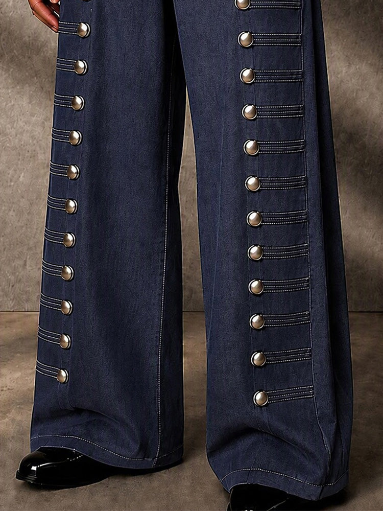 Stylish Multi-Button Accent Faux Denim Pants - Dark Blue