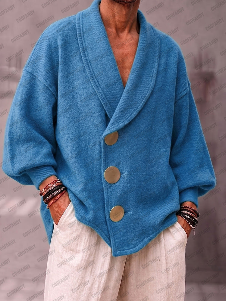Designer Shawl Collar Knit Cardigan - Blue
