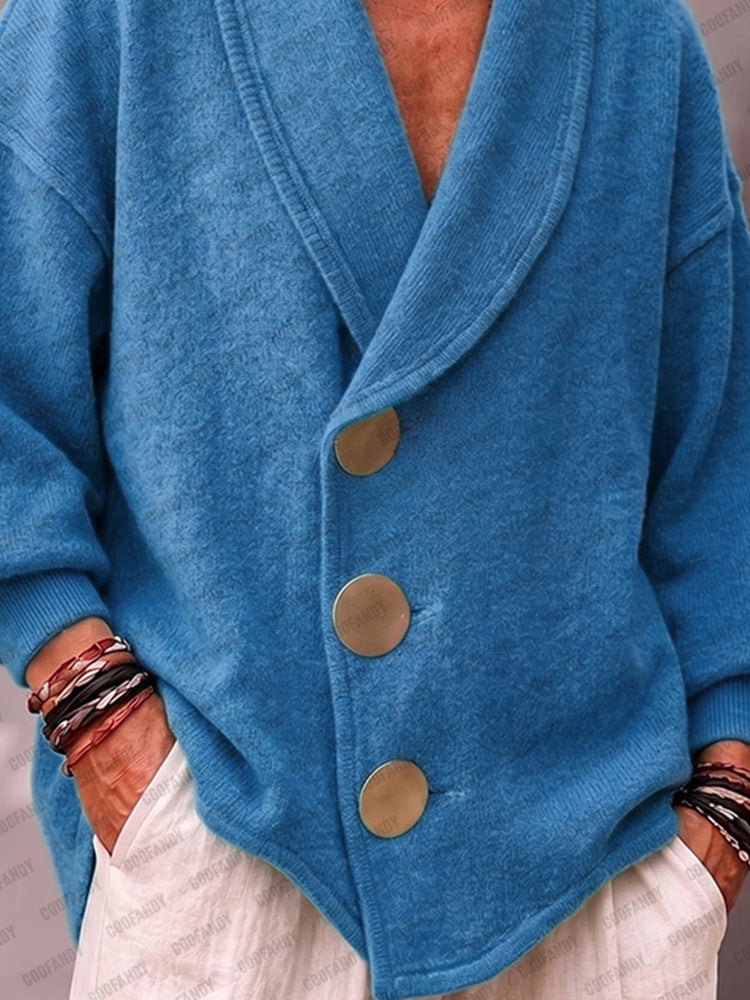 Designer Shawl Collar Knit Cardigan - Blue