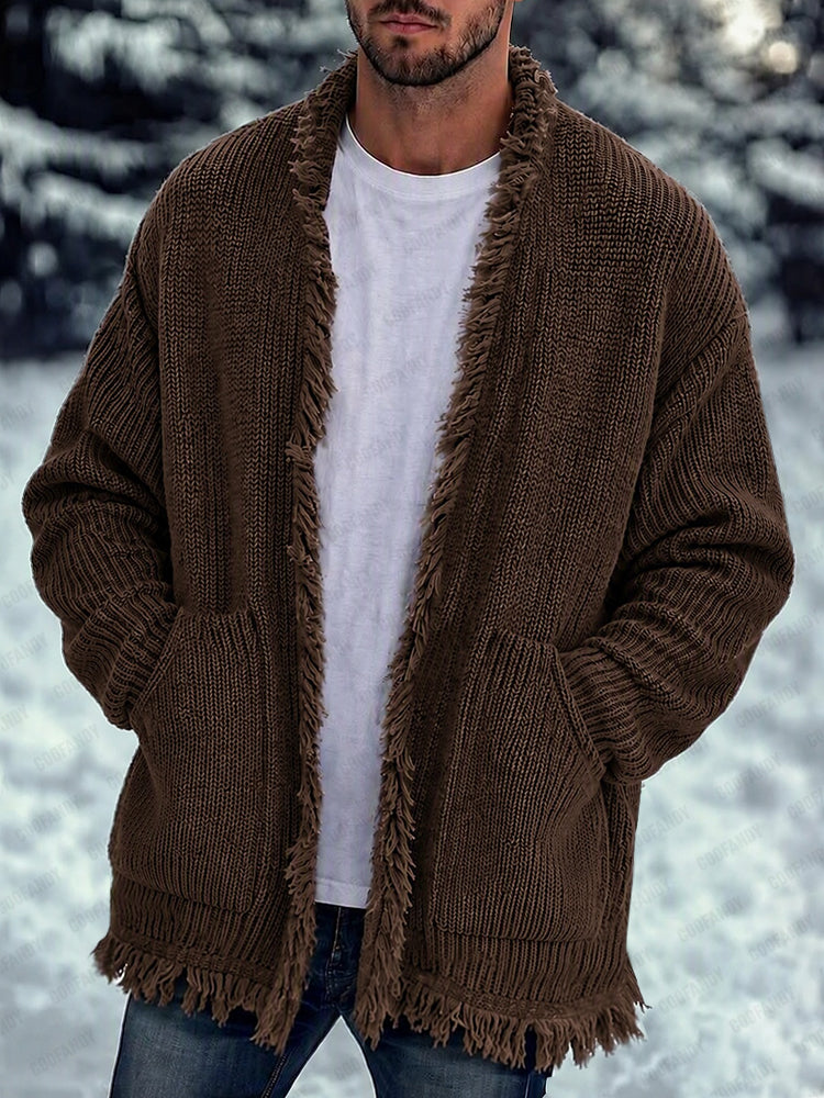 Casual Loose Fringe Trim Knit Cardigan - Brown