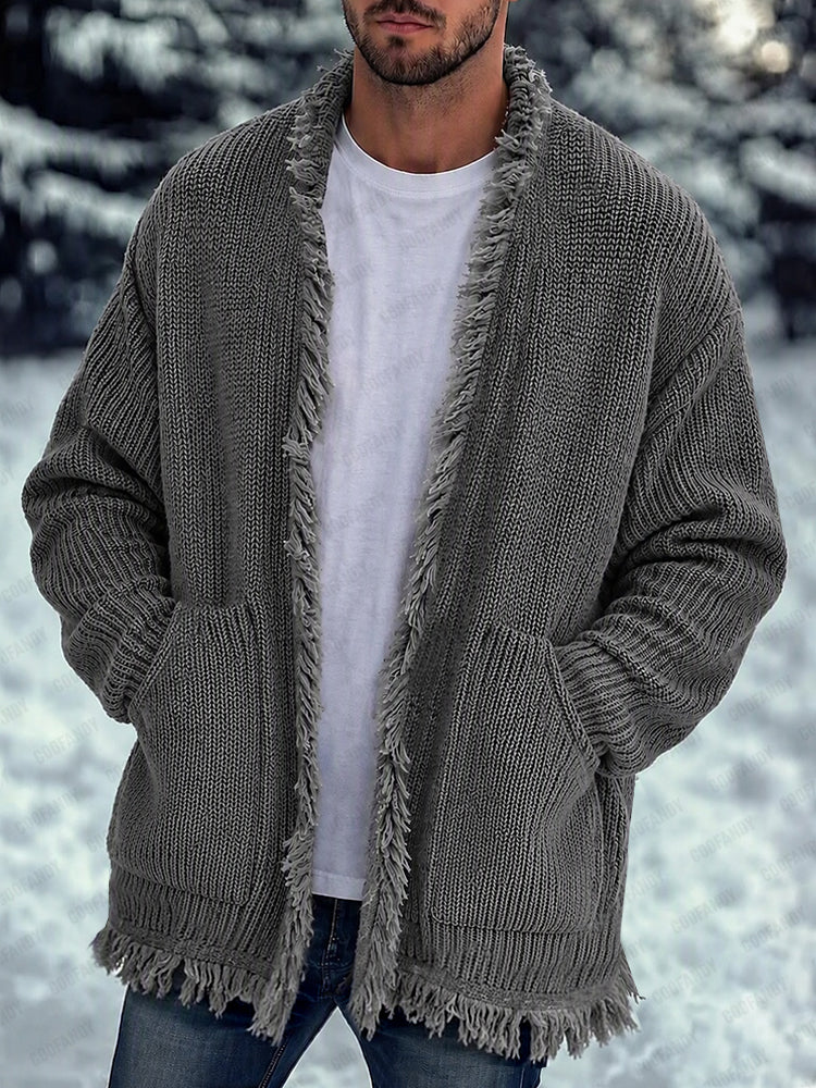 Casual Loose Fringe Trim Knit Cardigan - Gray