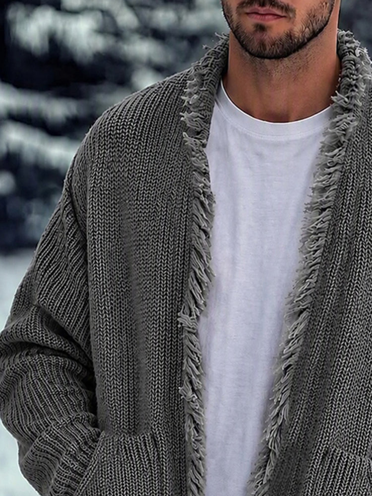 Casual Loose Fringe Trim Knit Cardigan - Gray