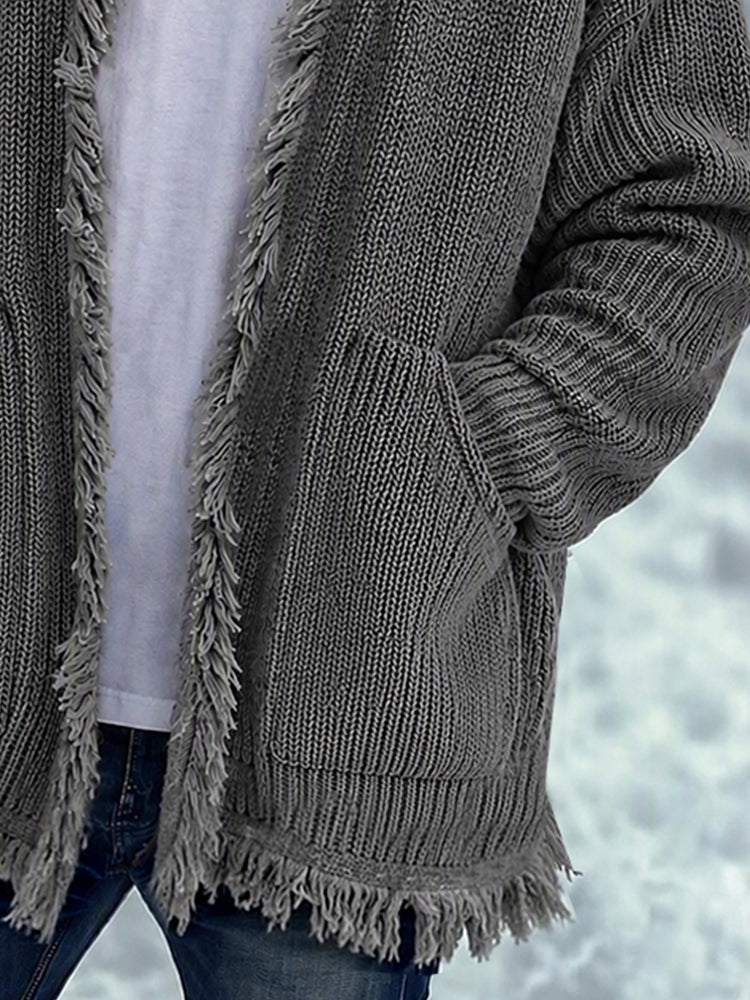 Casual Loose Fringe Trim Knit Cardigan - Gray