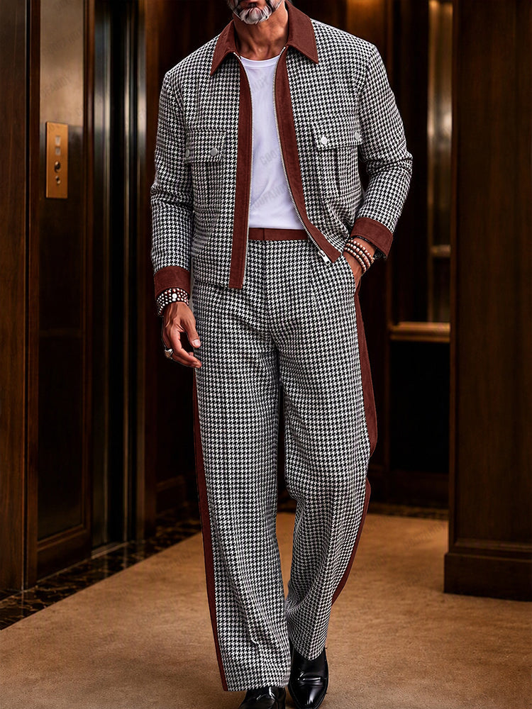 Modern Faux Suede Trim Houndstooth Co-Ord Set - Wine Red