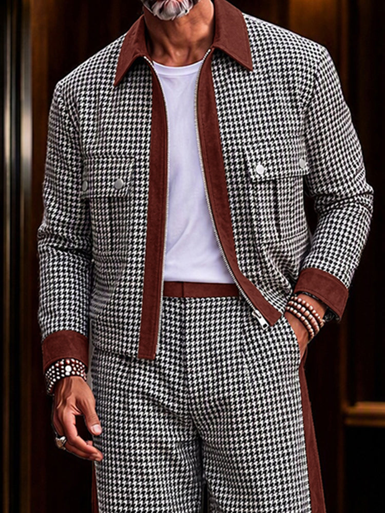 Modern Faux Suede Trim Houndstooth Co-Ord Set - Wine Red