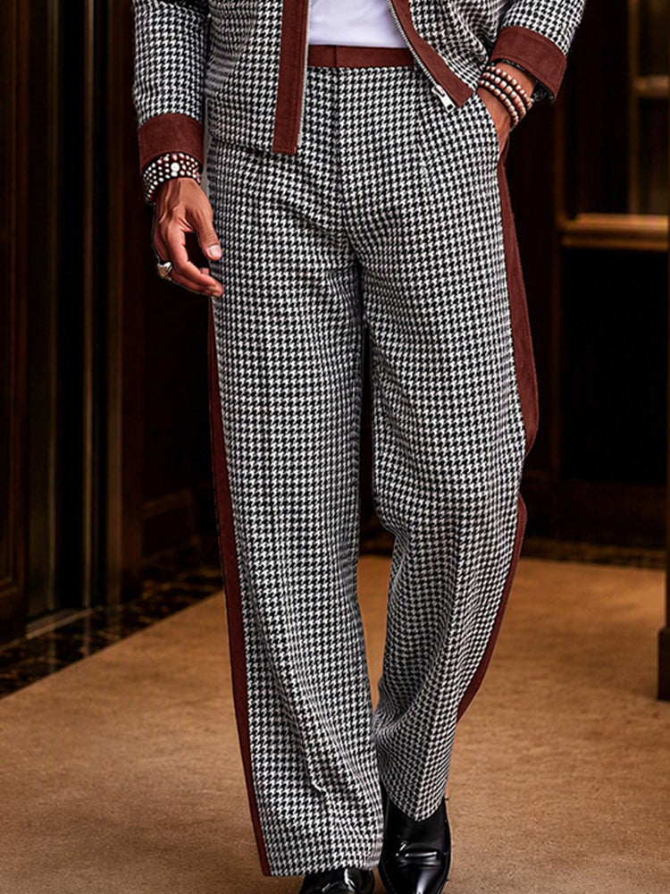 Modern Faux Suede Trim Houndstooth Co-Ord Set - Wine Red