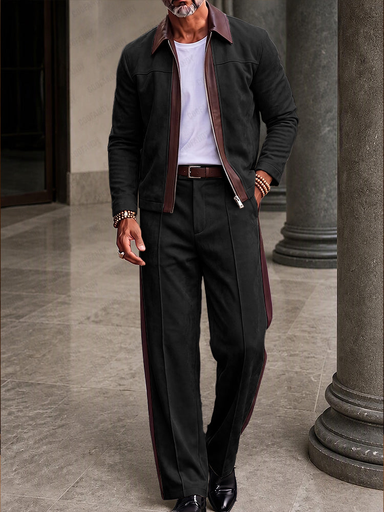 Refined Retro Faux Suede Jacket Pants Set - Black