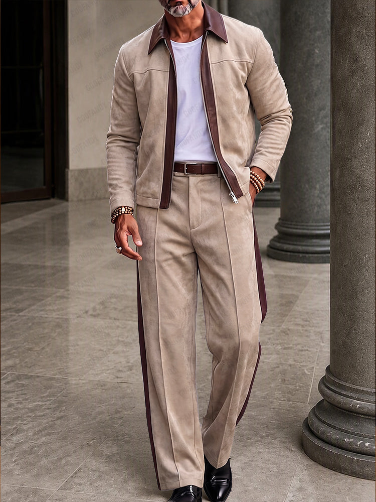 Refined Retro Faux Suede Jacket Pants Set - Khaki