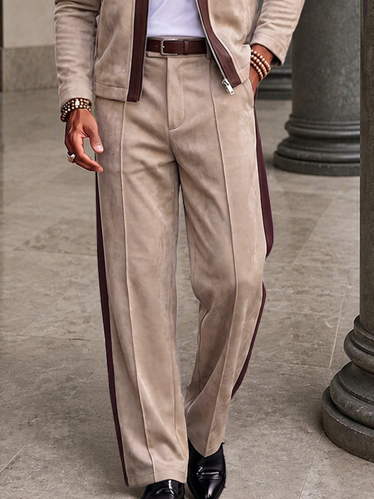 Refined Retro Faux Suede Jacket Pants Set - Khaki