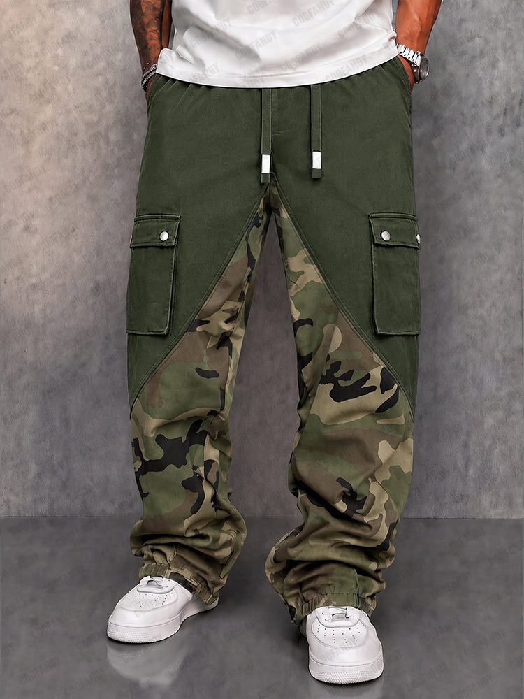 Street Style Camo Panel Cargo Jogger Pants - Army Green