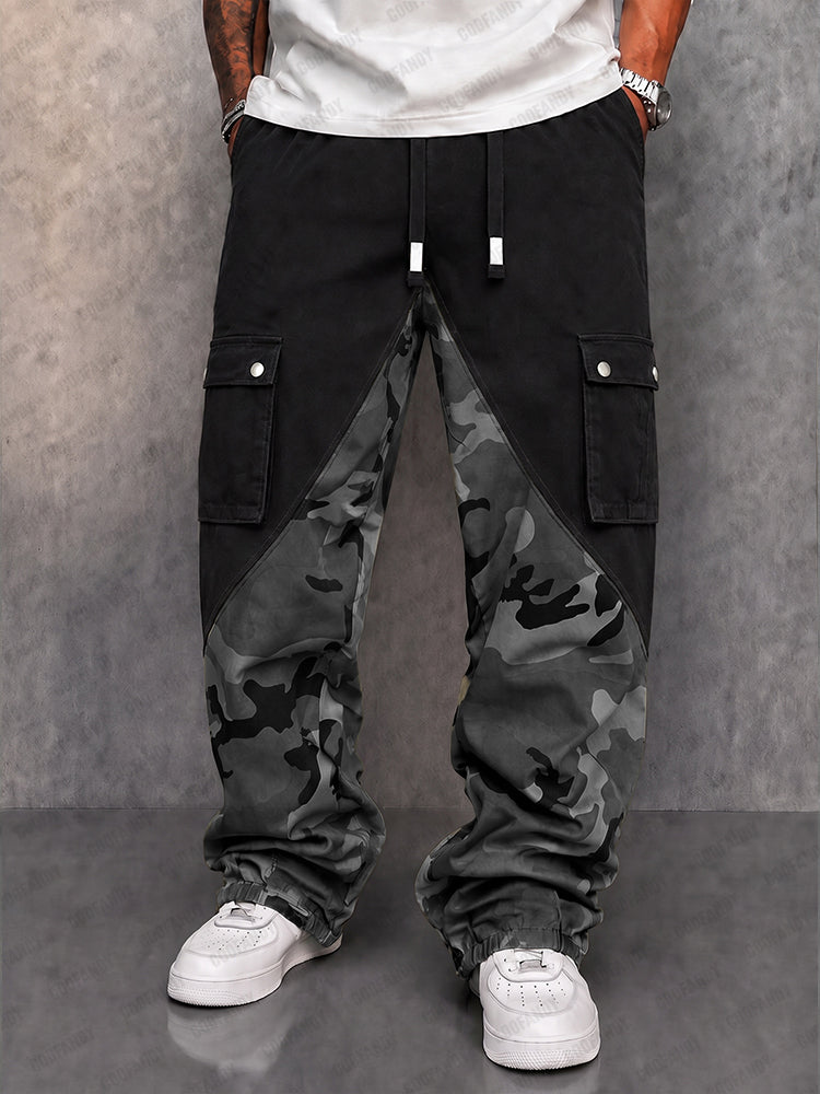 Street Style Camo Panel Cargo Jogger Pants - Black