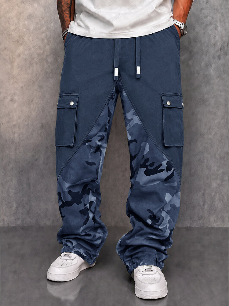 Street Style Camo Panel Cargo Jogger Pants - Blue