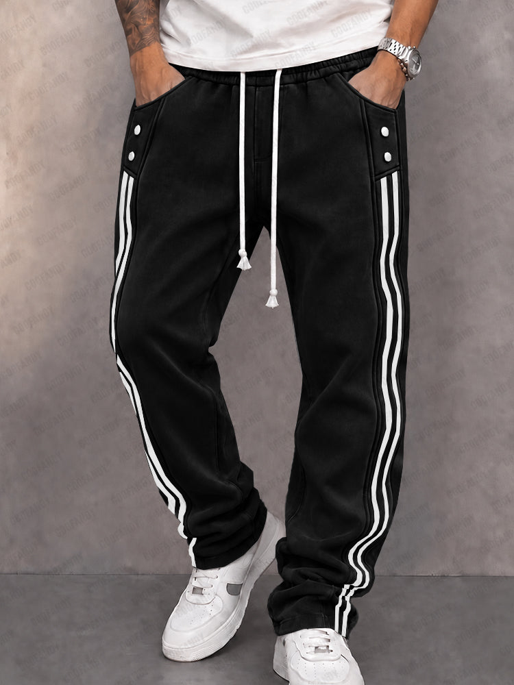 Casual Faux Suede Side Stripe Jogger Pants - Black