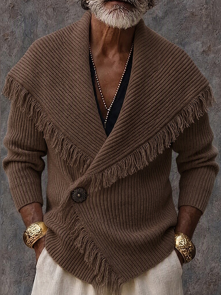 Stylish Fringe Trim Shawl Collar Knit Cardigan - Brown