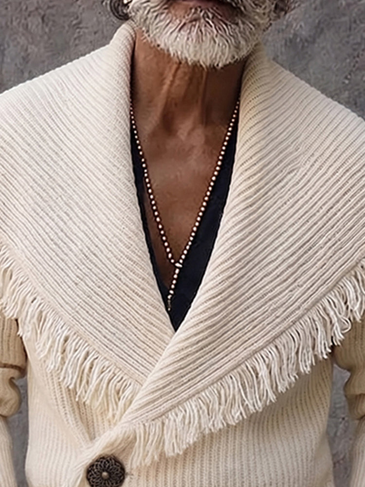 Stylish Fringe Trim Shawl Collar Knit Cardigan - White