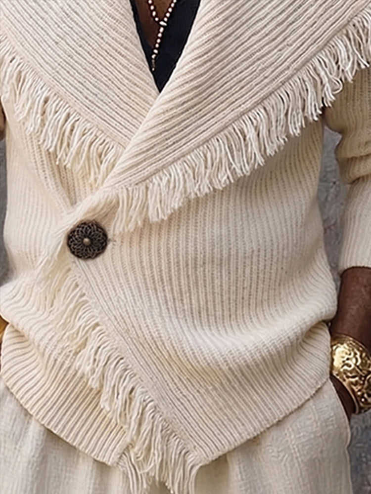 Stylish Fringe Trim Shawl Collar Knit Cardigan - White