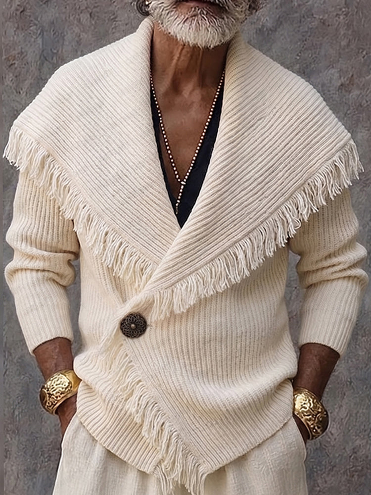 Stylish Fringe Trim Shawl Collar Knit Cardigan - White