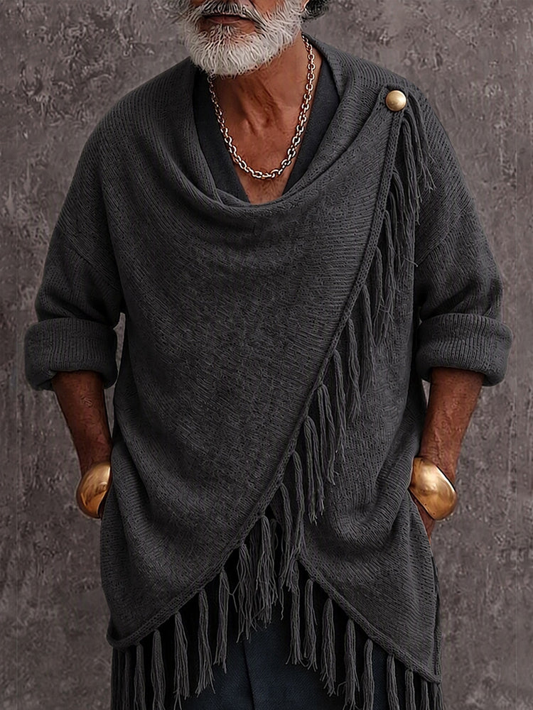 Casual Fringe Trim Draped Collar Knit Sweater - Black