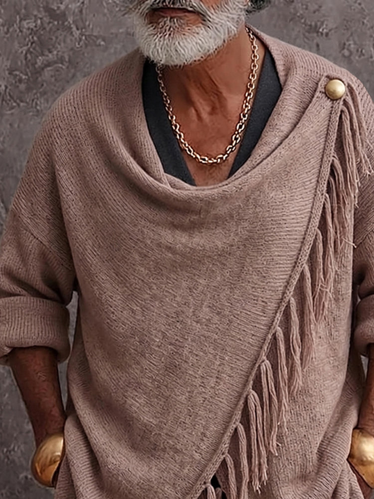 Casual Fringe Trim Draped Collar Knit Sweater - Khaki
