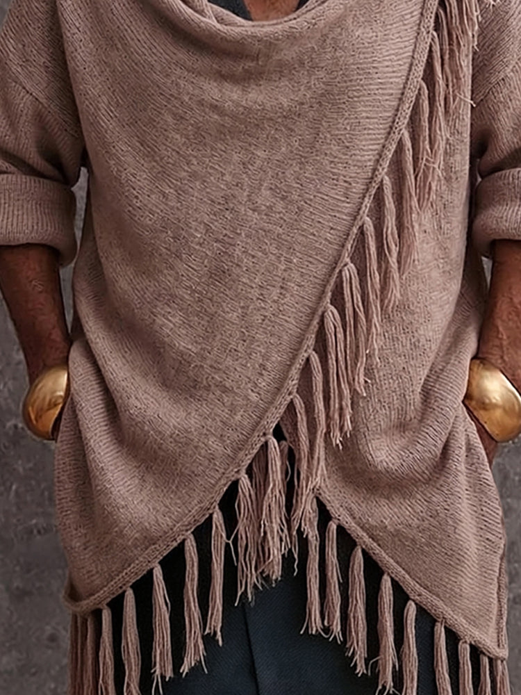 Casual Fringe Trim Draped Collar Knit Sweater - Khaki