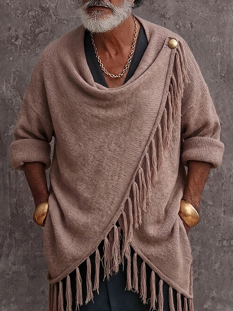 Casual Fringe Trim Draped Collar Knit Sweater - Khaki