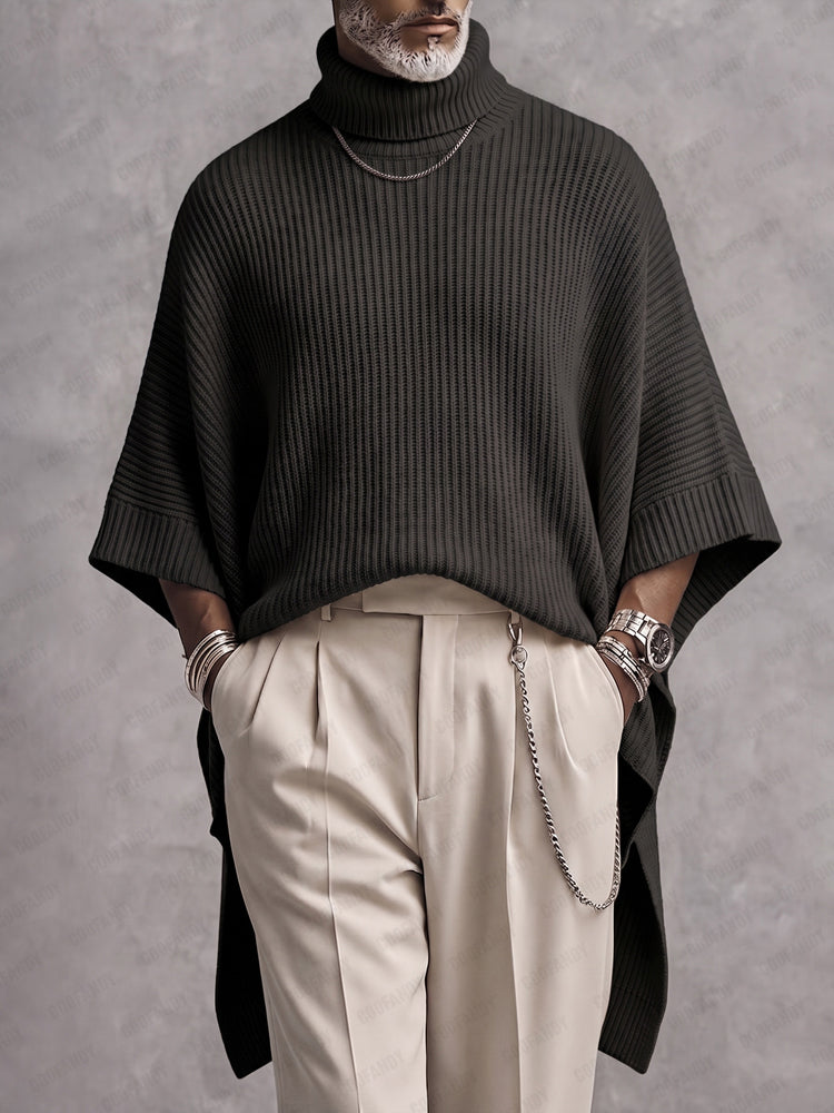 Modern High-Low Hem Batwing Sleeve Turtleneck Sweater - Black