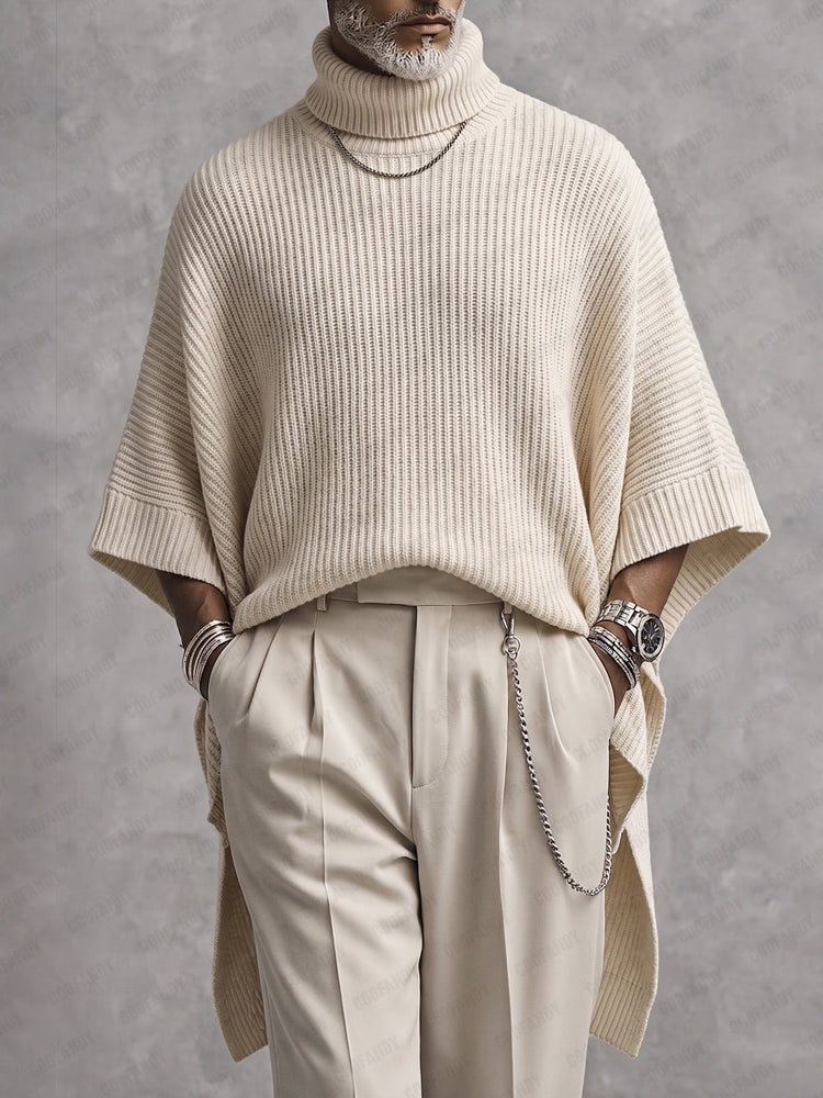 Modern High-Low Hem Batwing Sleeve Turtleneck Sweater - Cream