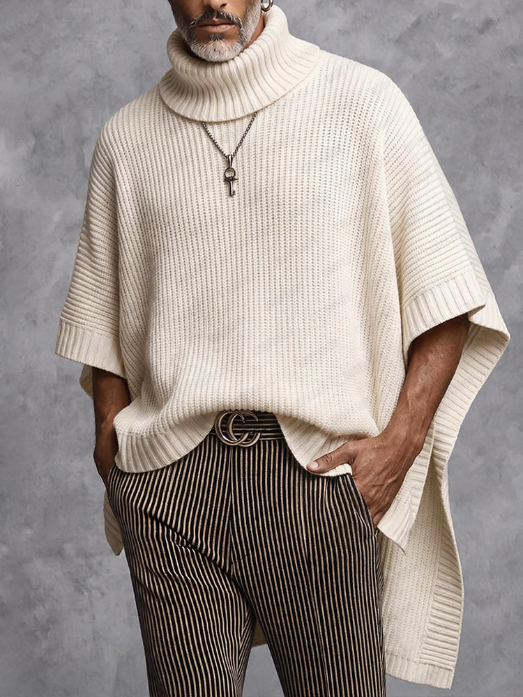 Modern High-Low Hem Batwing Sleeve Turtleneck Sweater - Cream