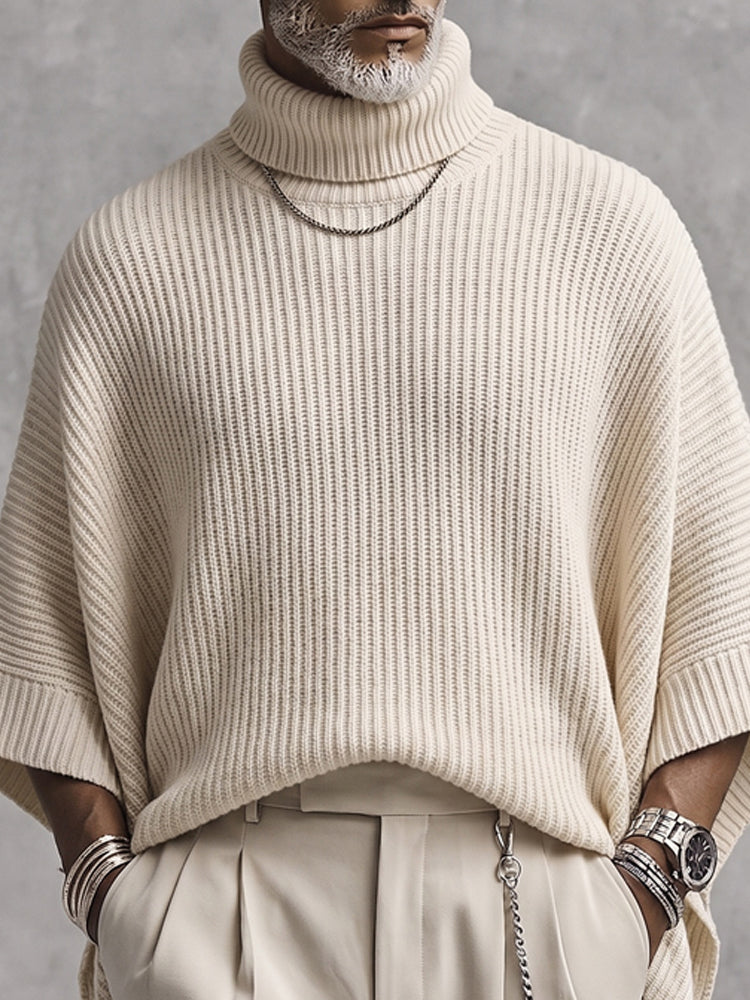 Modern High-Low Hem Batwing Sleeve Turtleneck Sweater - Cream