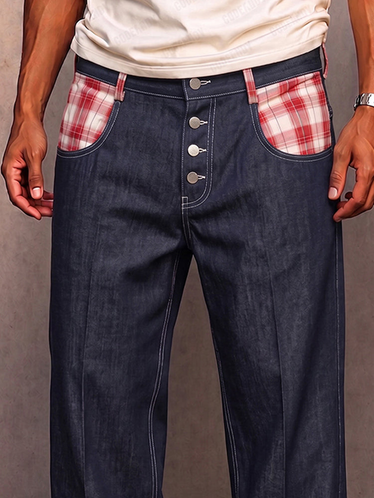 Casual Contrast Panel Faux Denim Pants - PAT1