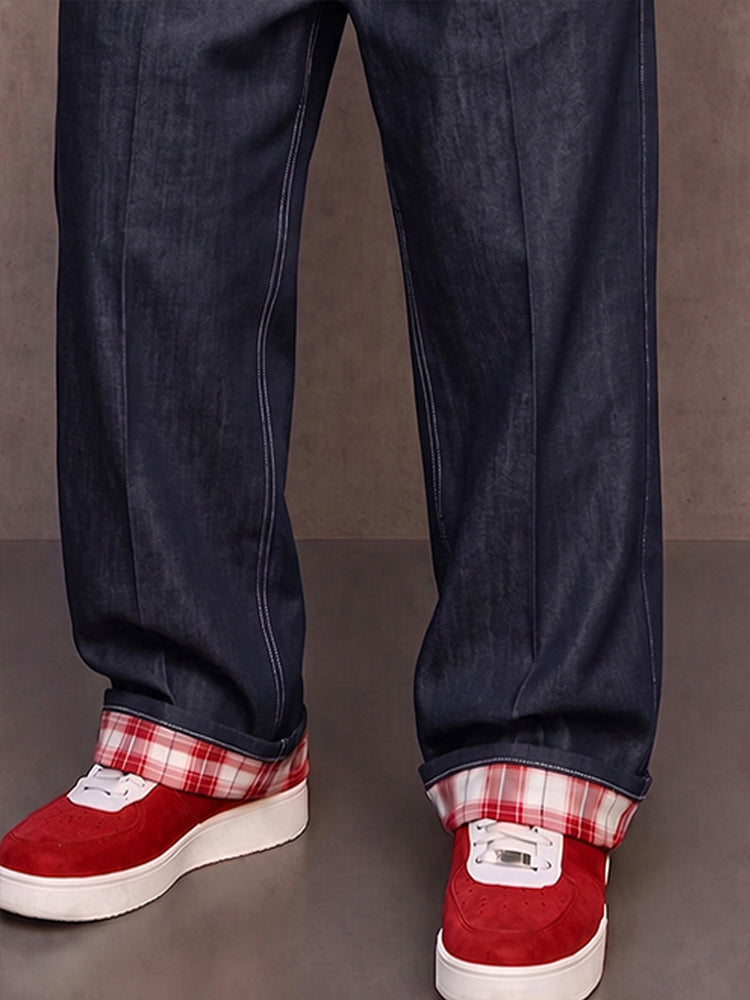 Casual Contrast Panel Faux Denim Pants - PAT1