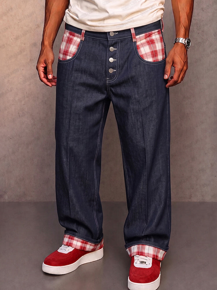 Casual Contrast Panel Faux Denim Pants - PAT1