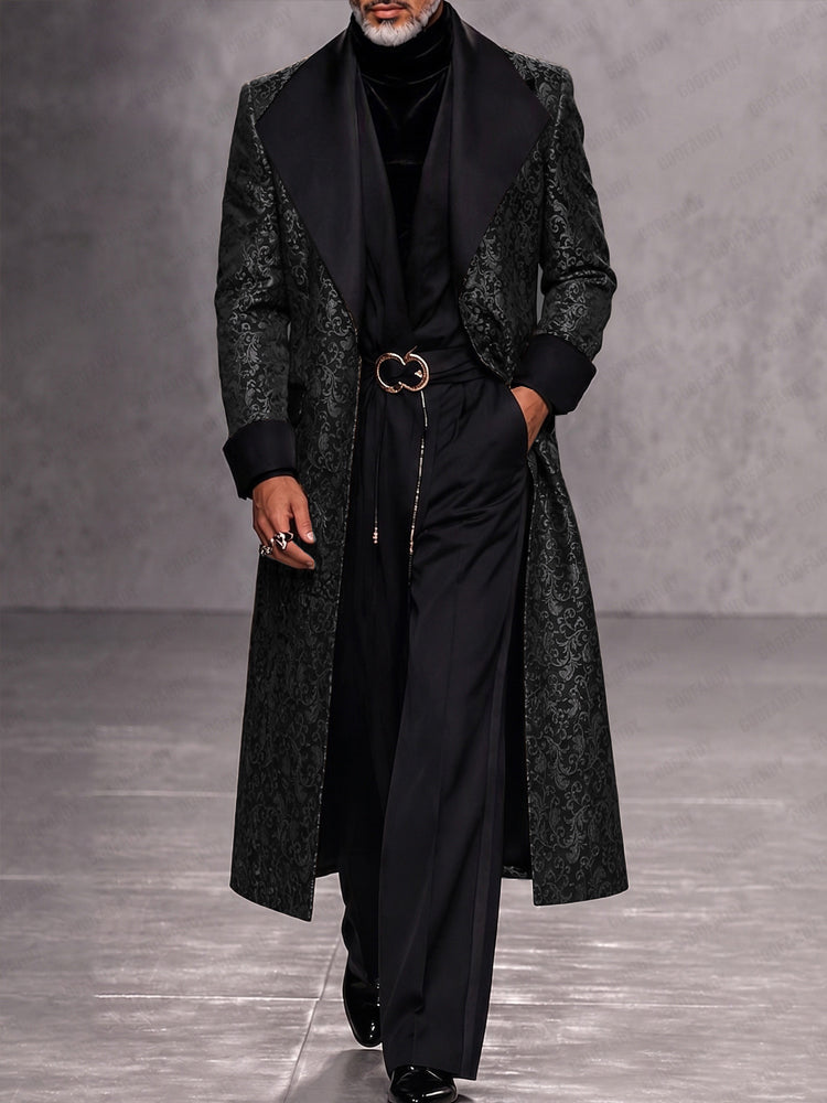 Luxury Wide Contrasting Lapel Long Coat - Black