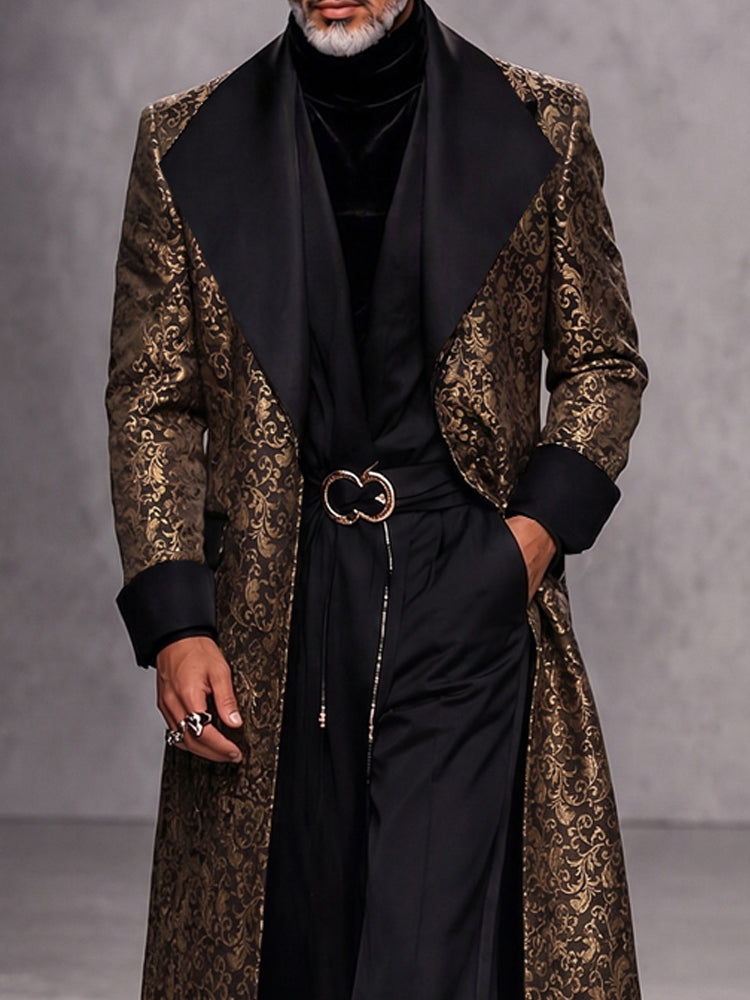 Luxury Wide Contrasting Lapel Long Coat - Brown