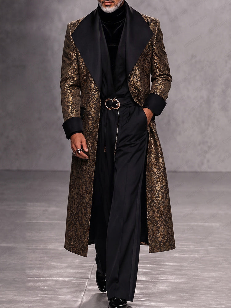 Luxury Wide Contrasting Lapel Long Coat - Brown
