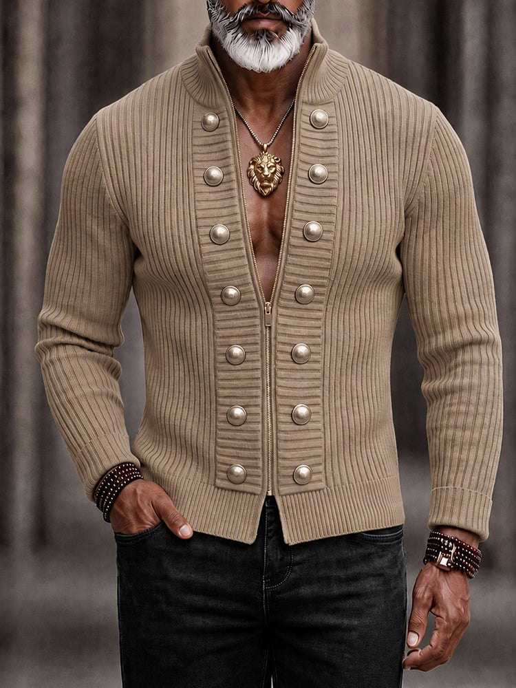 Refined Casual Button Accent Zip Knit Cardigan - Khaki