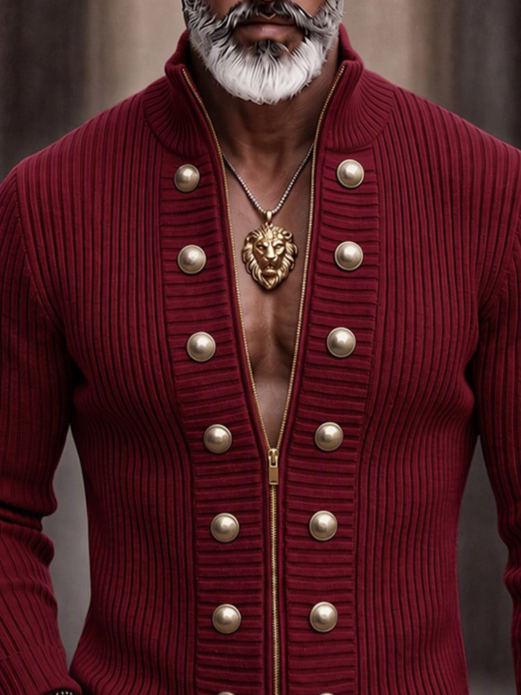 Refined Casual Button Accent Zip Knit Cardigan - Wine Red
