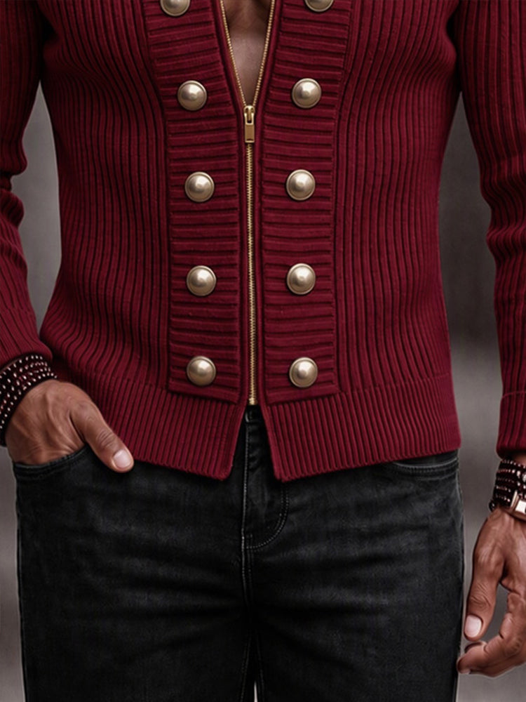 Refined Casual Button Accent Zip Knit Cardigan - Wine Red