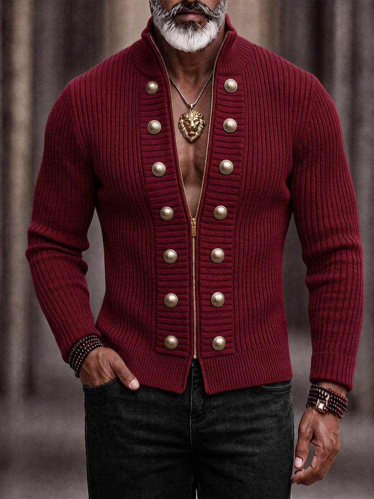 Refined Casual Button Accent Zip Knit Cardigan - Wine Red