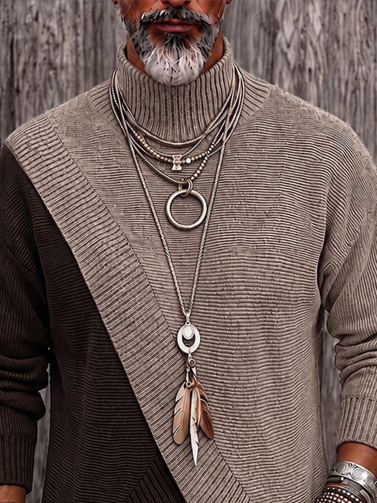 Stylish Two-Tone Ribbed Turtleneck Sweater - Brown