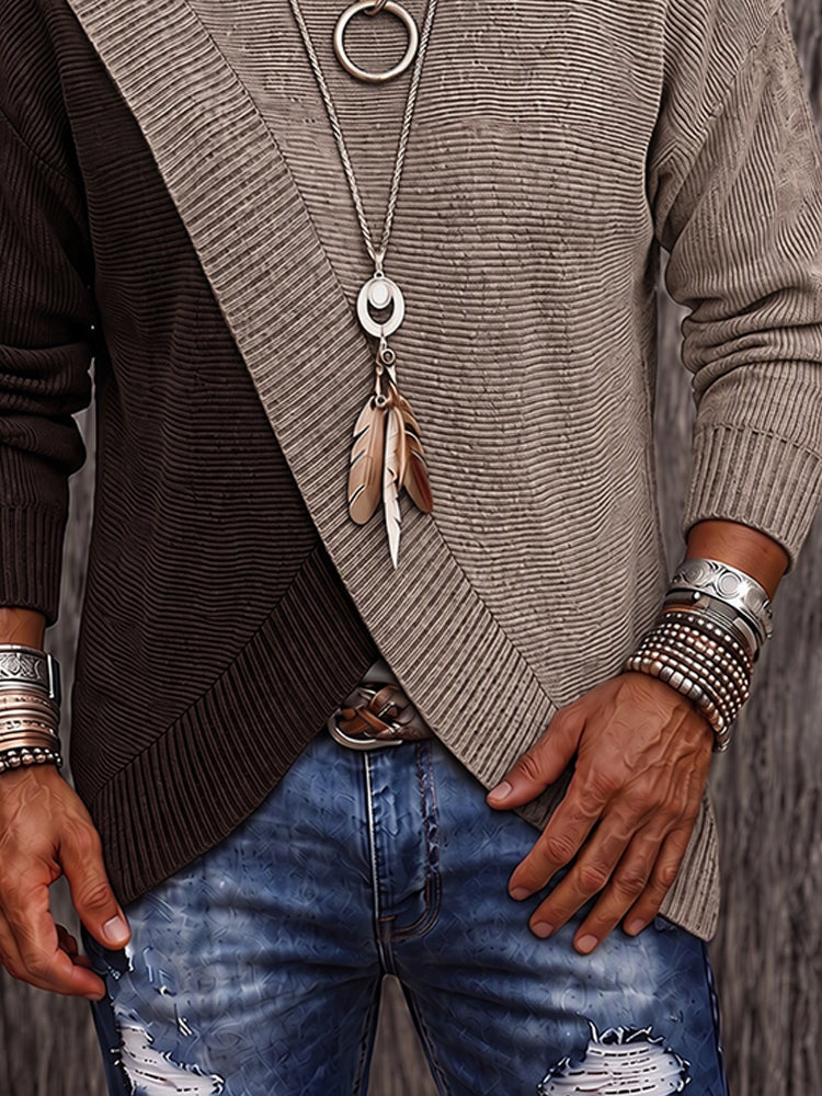 Stylish Two-Tone Ribbed Turtleneck Sweater - Brown