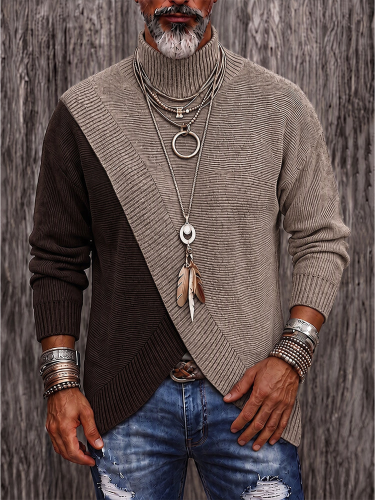 Stylish Two-Tone Ribbed Turtleneck Sweater - Brown