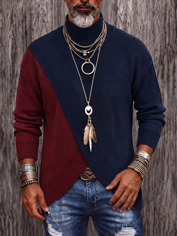 Stylish Two-Tone Ribbed Turtleneck Sweater - Navy Blue