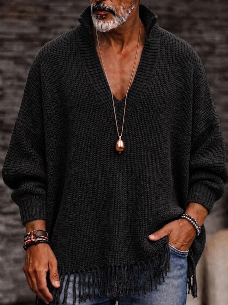 Vintage V-Neck Fringe Hem Knit Sweater - Black